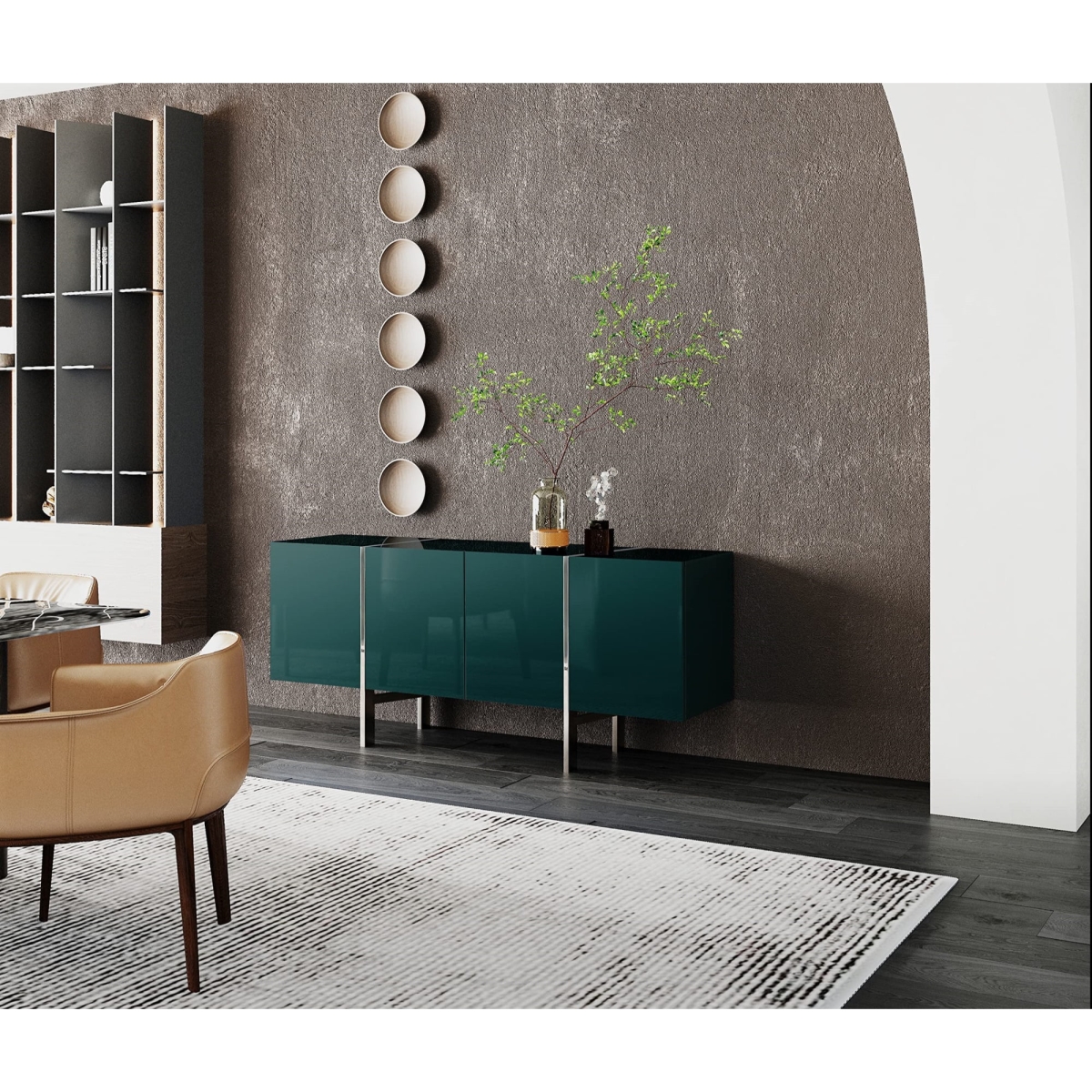 Struttura Small Buffet - Dark Green - Polished Silver Legs - High Gloss Finish