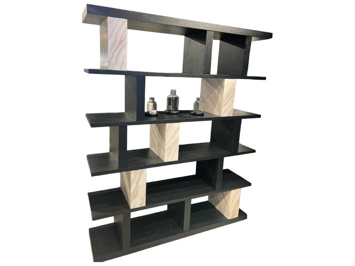 Whiteline DI2018-BLK-MRB Reyna Bookshelf Divider - Lacquer with Columns in Marble Paper, Matte Black & White