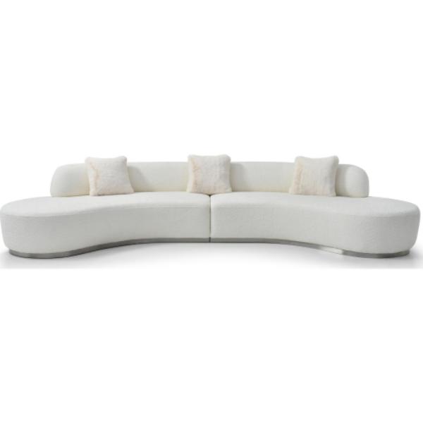 Whiteline SO2009F-WHT OGE-WALES101 Modern Living Perla Curved Sofa - Boucle Fabric & Silver Stainless Steel, White