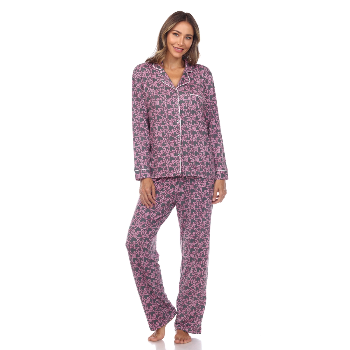 13686-31-M Long Sleeve Heart Print Pajama Set, Gray - Medium