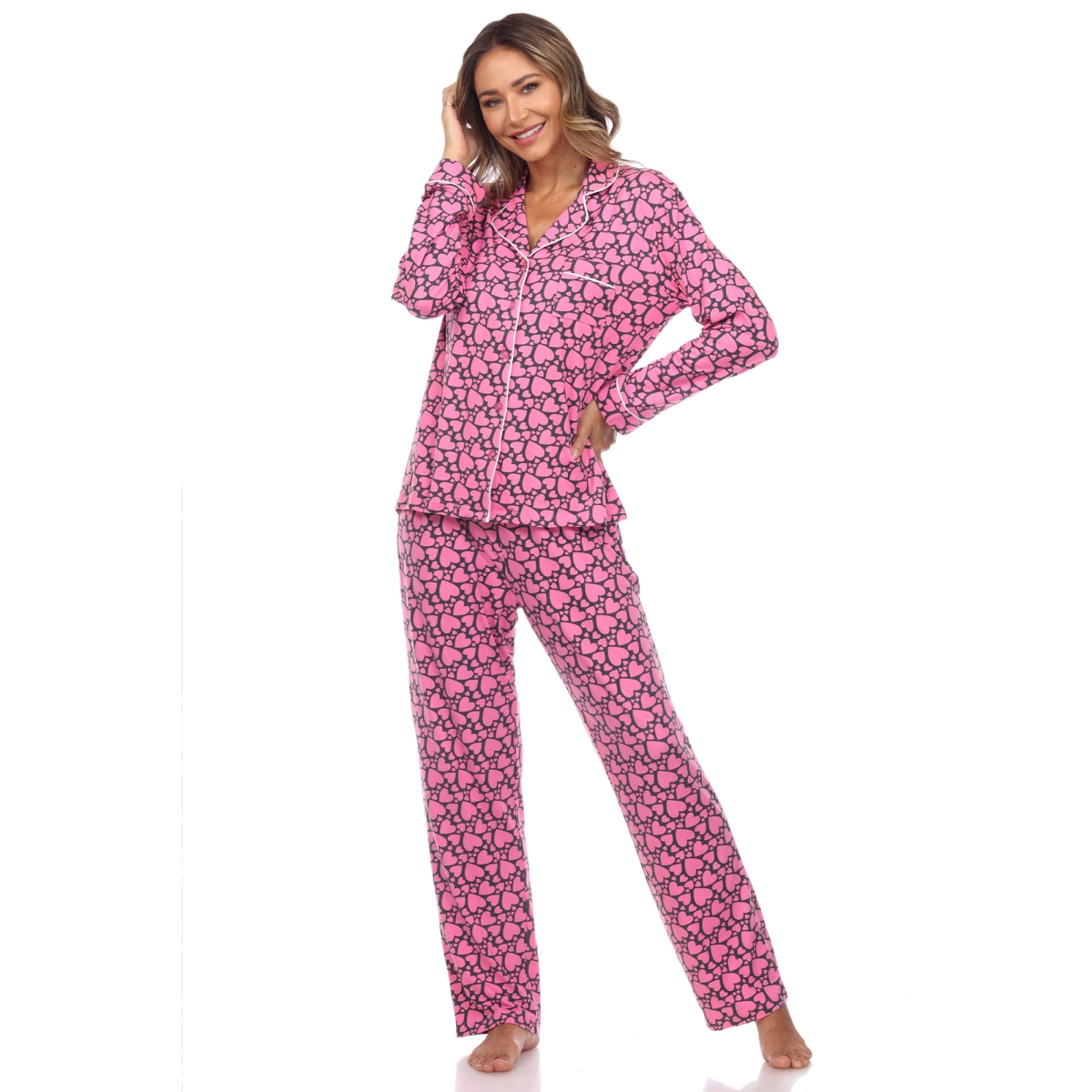 13686-32-M Long Sleeve Heart Print Pajama Set - Pink - Medium