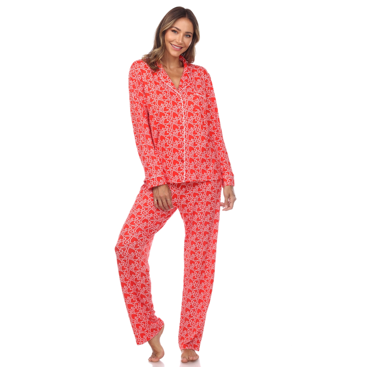 13686-34-M Long Sleeve Heart Print Pajama Set, Red - Medium