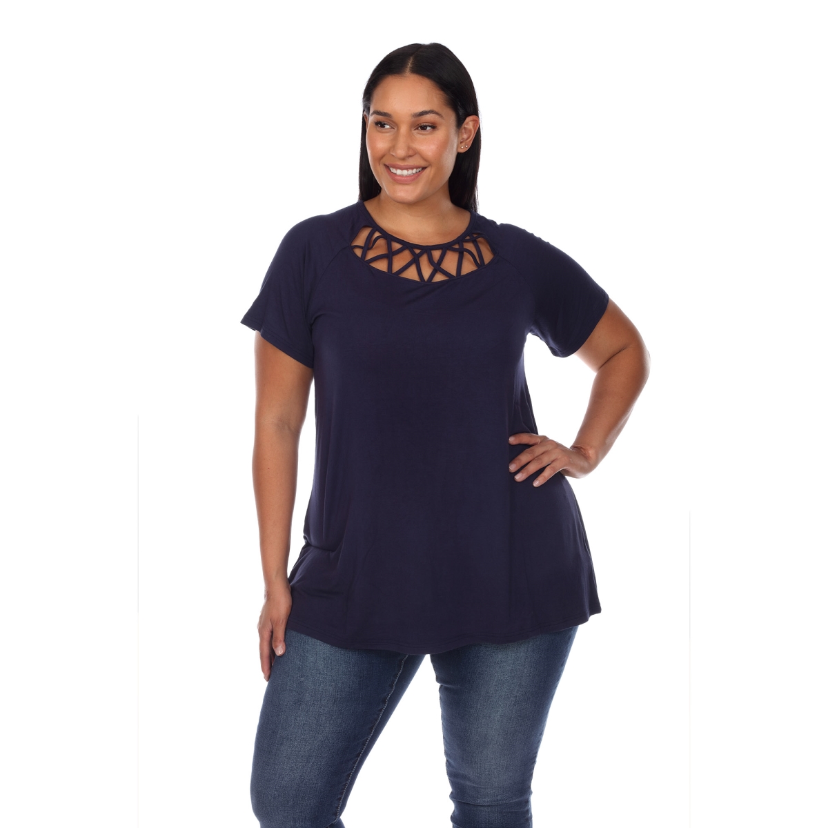 PS1313-02-2X Women Plus Size Crisscross Cutout Short Sleeve Top, Blue - 2XL