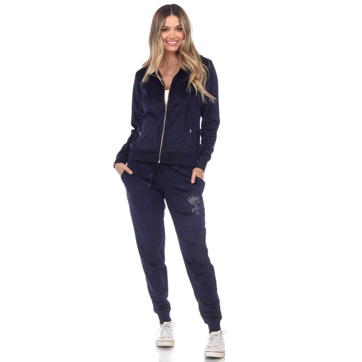 2128-02-S Rhinestone Velour Tracksuit Set, Navy - Small - 2 Piece