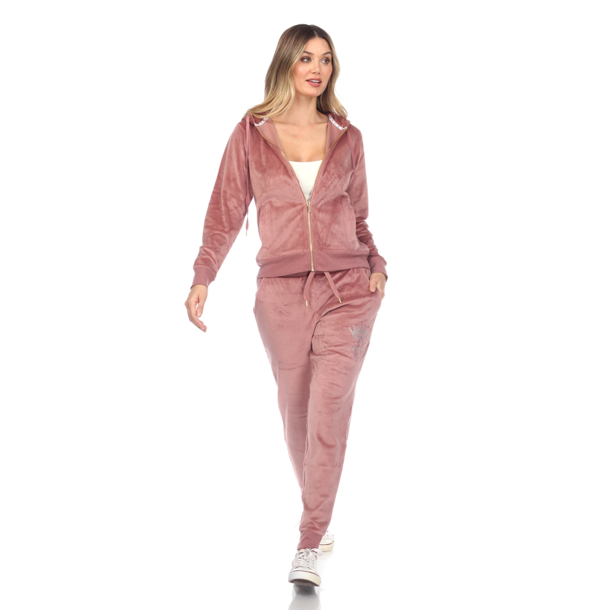 2128-03-XL Womens Rhinestone Velour Tracksuit Set, Pink - Extra Large - 2 Piece