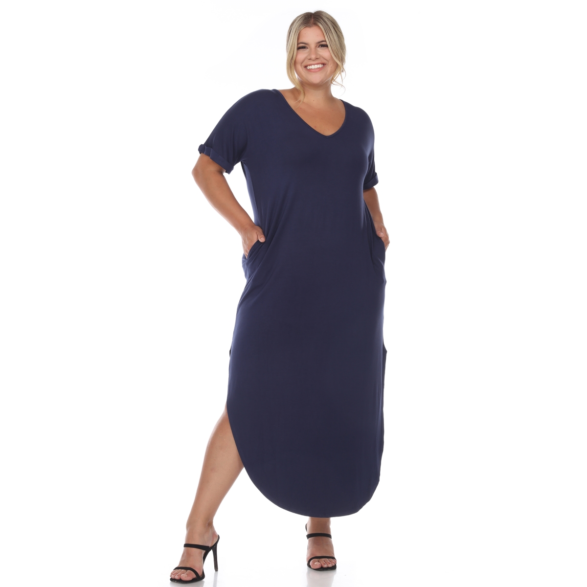 Picture of White Mark PS3009-02-1X Plus Size Short Sleeve V-Neck Maxi Dress, Navy - 1X