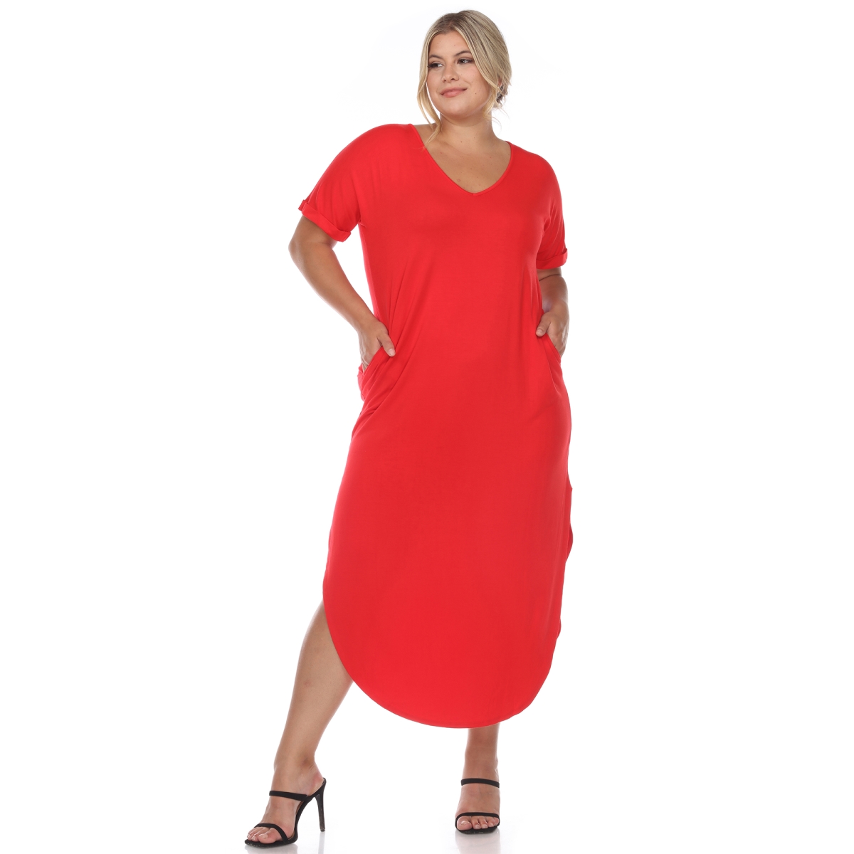 Picture of White Mark PS3009-04-1X Plus Size Short Sleeve V-Neck Maxi Dress, Red - 1X