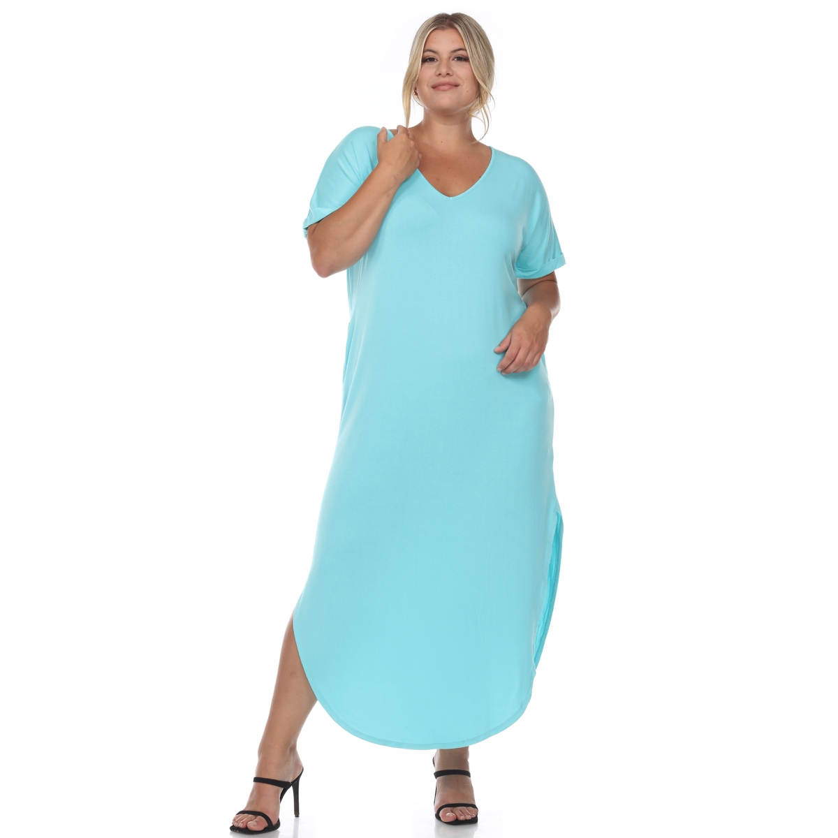 Picture of White Mark PS3009-05-1X Plus Size Short Sleeve V-Neck Maxi Dress, Blue - 1X