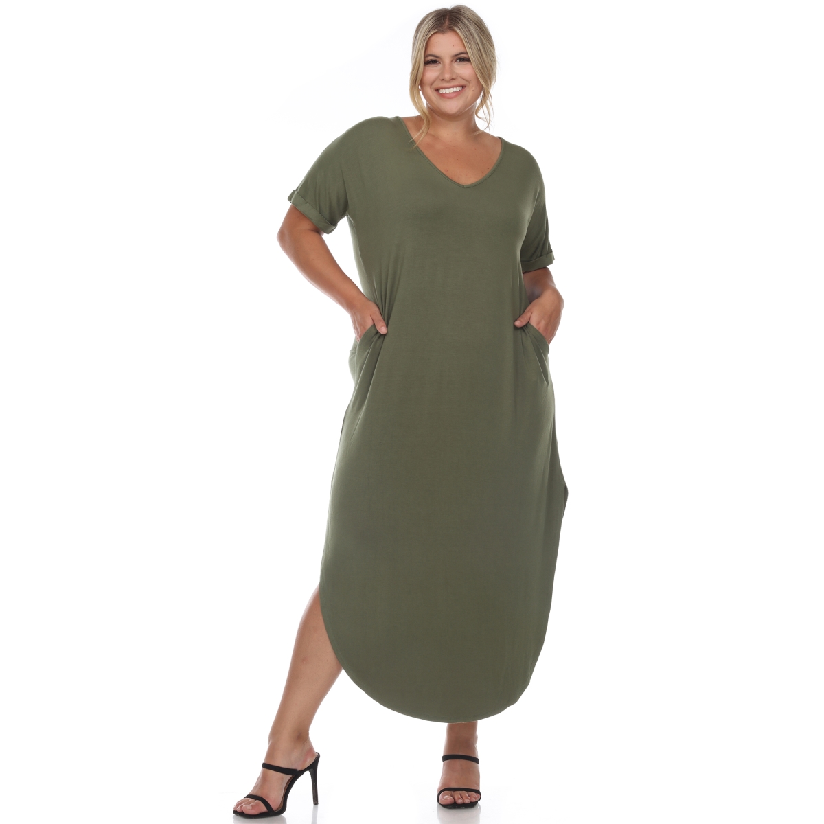 Picture of White Mark PS3009-06-3X Plus Size Short Sleeve V-Neck Maxi Dress, Olive - 3X