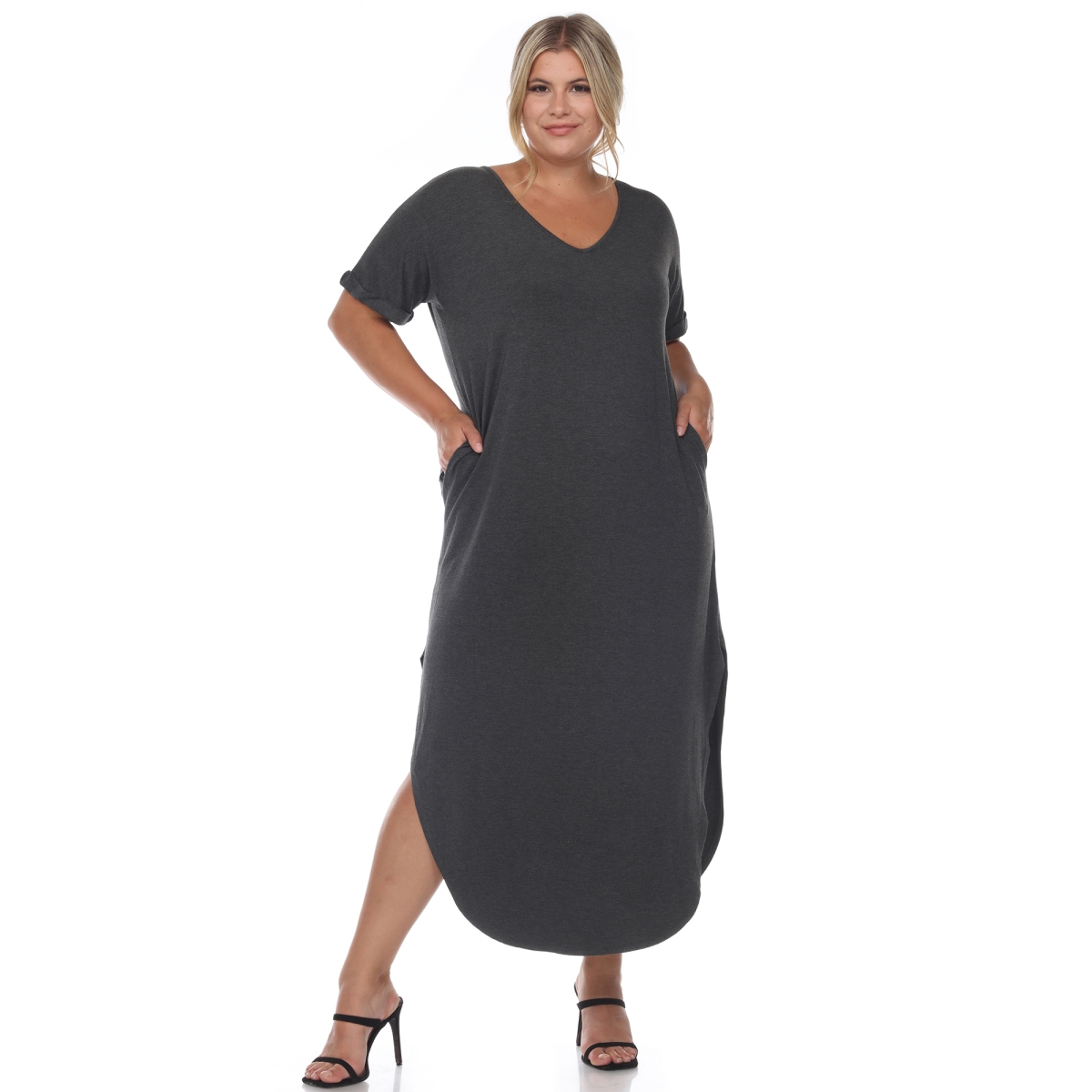 Picture of White Mark PS3009-20-1X Plus Size Short Sleeve V-Neck Maxi Dress, Charcoal - 1X