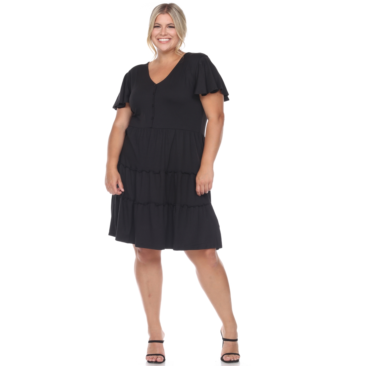 Picture of White Mark PS3880-01-1X Plus Size Short Sleeve V-Neck Tiered Midi Dress&#44; Black - 1X