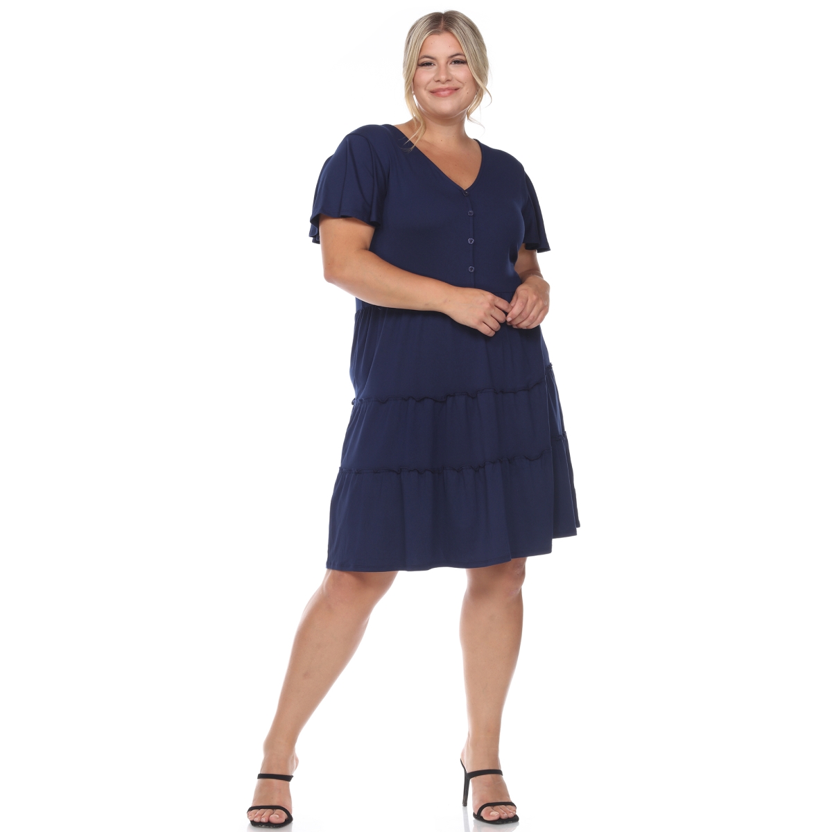 Picture of White Mark PS3880-02-1X Plus Size Short Sleeve V-Neck Tiered Midi Dress&#44; Navy - 1X