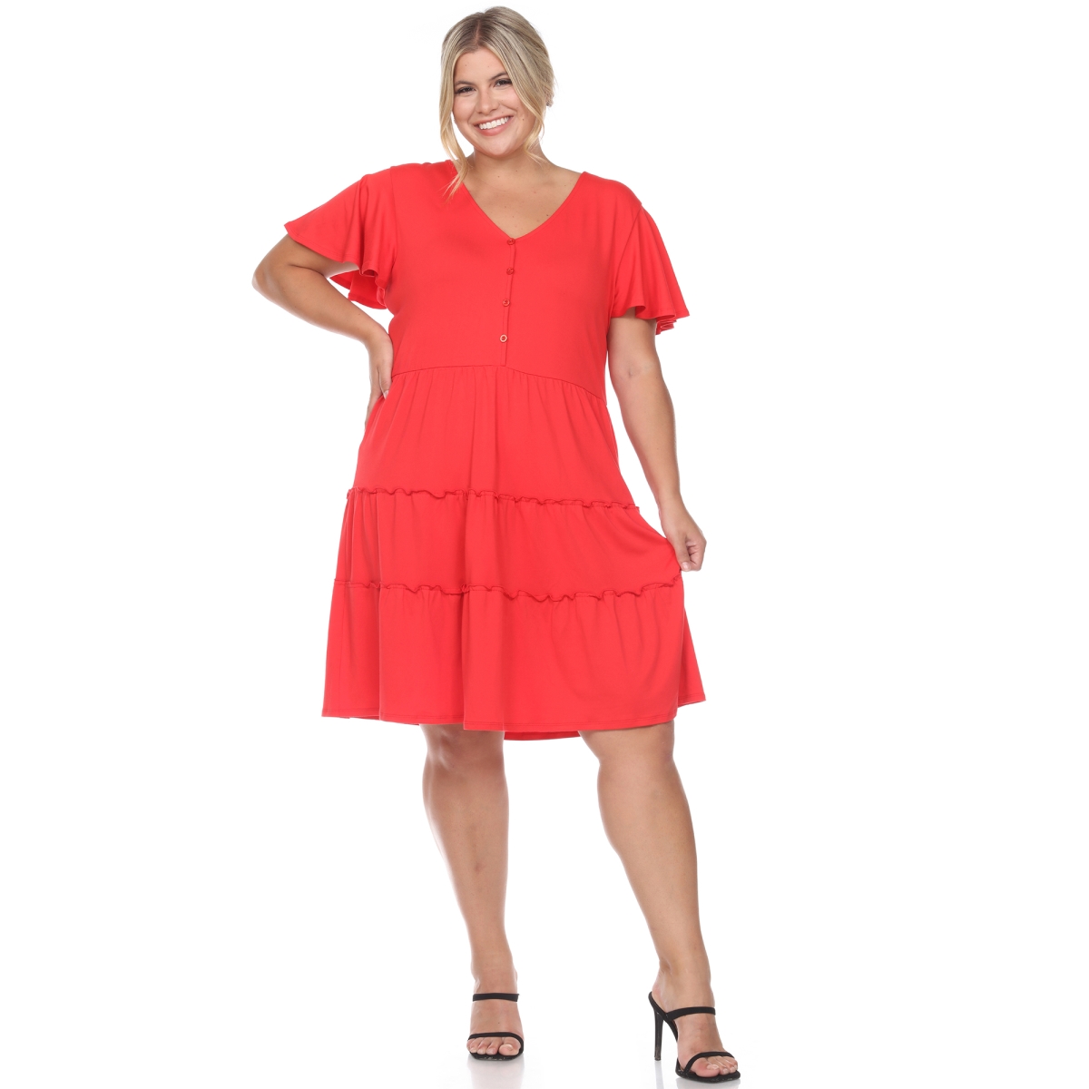 Picture of White Mark PS3880-04-2X Plus Size Short Sleeve V-Neck Tiered Midi Dress&#44; Red - 2X