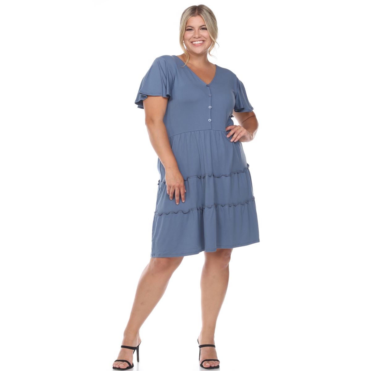 Picture of White Mark PS3880-05-1X Plus Size Short Sleeve V-Neck Tiered Midi Dress&#44; Blue - 1X