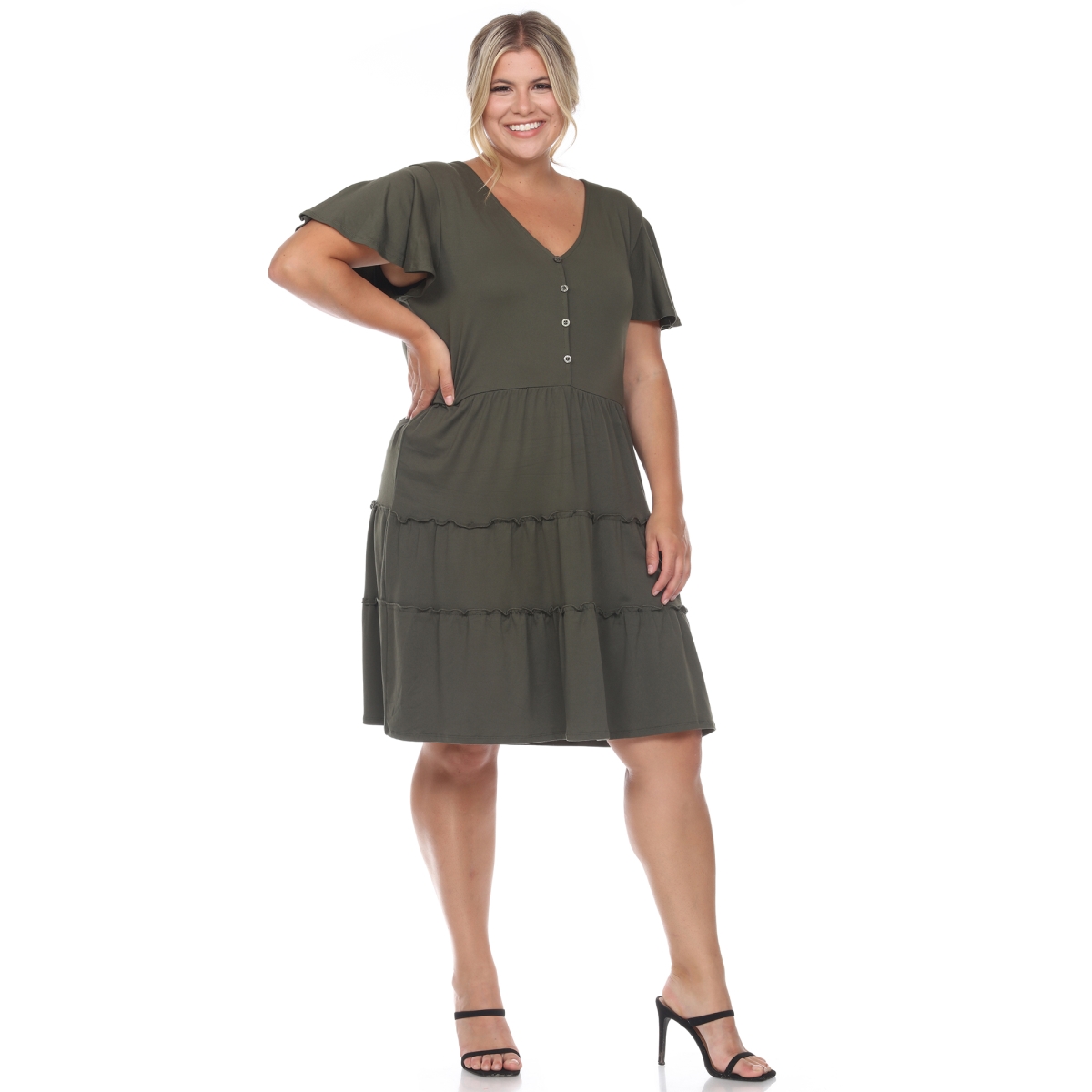 Picture of White Mark PS3880-06-3X Plus Size Short Sleeve V-Neck Tiered Midi Dress, Olive - 3X