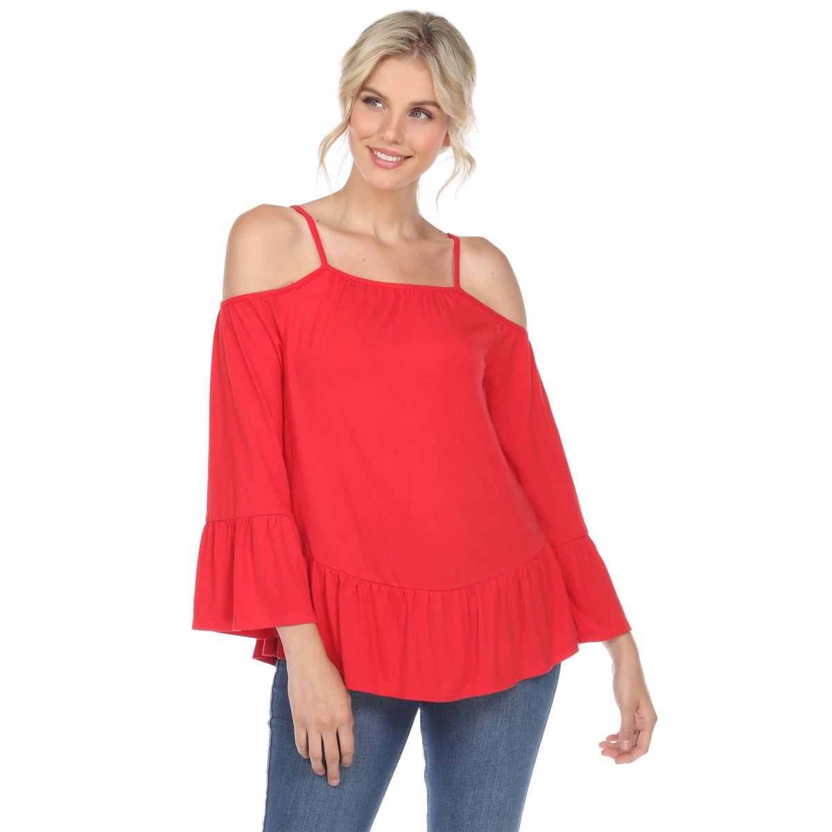 Picture of White Mark 1352-04-XL Cold Shoulder Ruffle Sleeve Top, Red - Extra Large