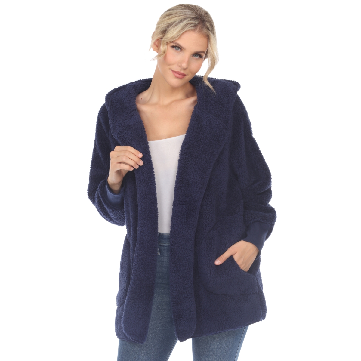 88618-02-S-M Plush Hooded Cardigan with Pockets, Navy - Small & Medium