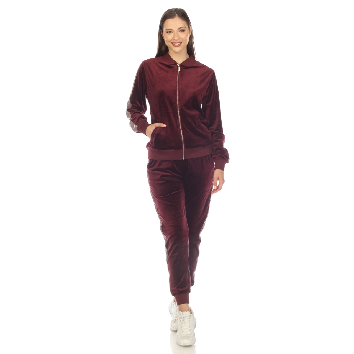 2328-21-XL Womens Velour Tracksuit Set with Faux Leather Stripe, Burgundy - Extra Large - 2 Piece
