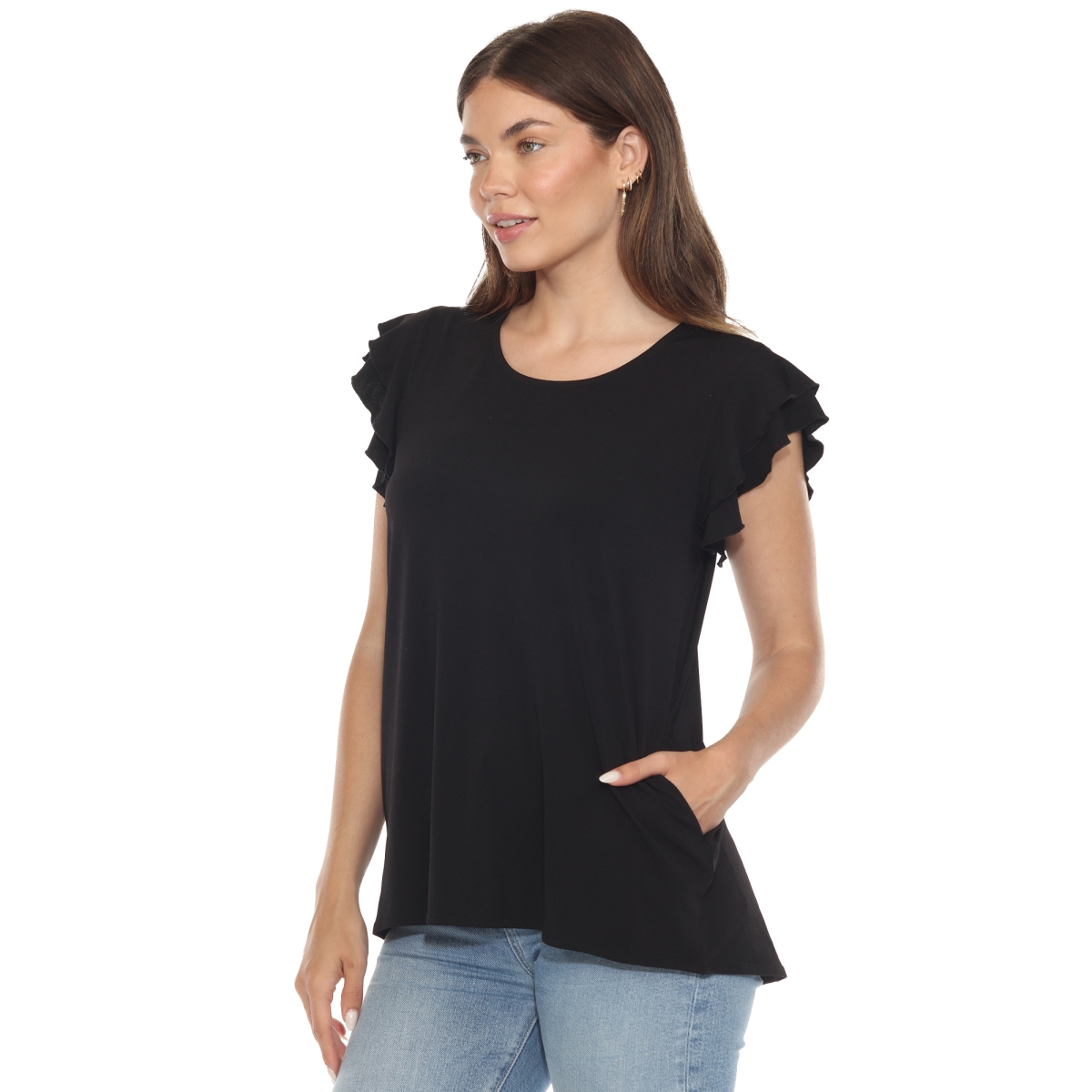 1235-01-L Womens Ruffle Sleeve Solid Top, Black - Large