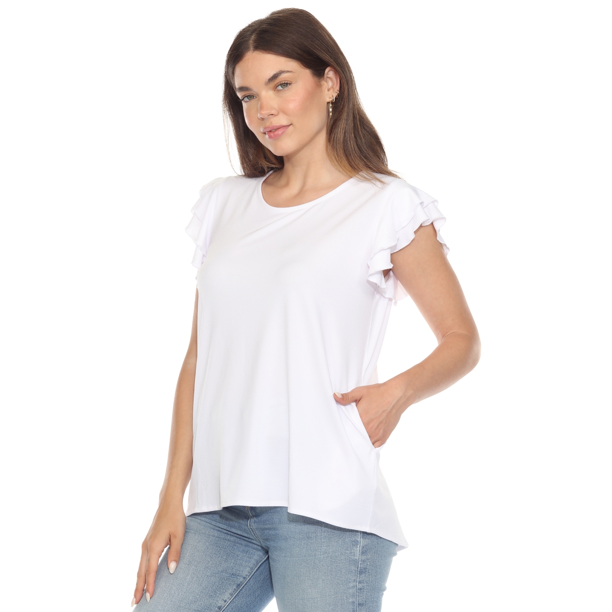 1235-03-M Womens Ruffle Sleeve Solid Top, Snow White - Medium