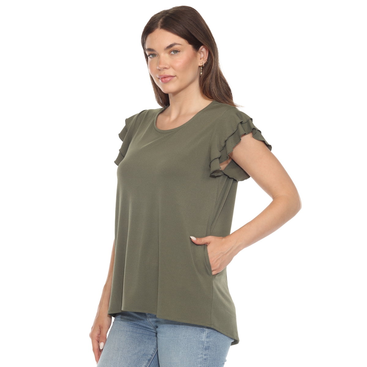1235-06-S Womens Ruffle Sleeve Solid Top, Olive - Small