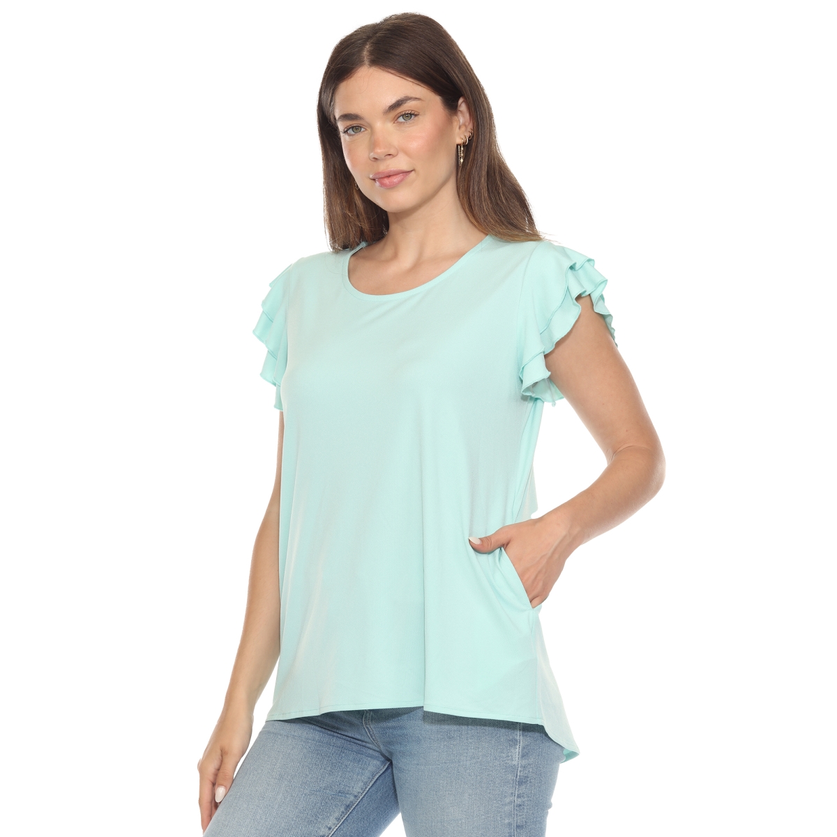 1235-13-XL Womens Ruffle Sleeve Solid Top, Turquoise - Extra Large