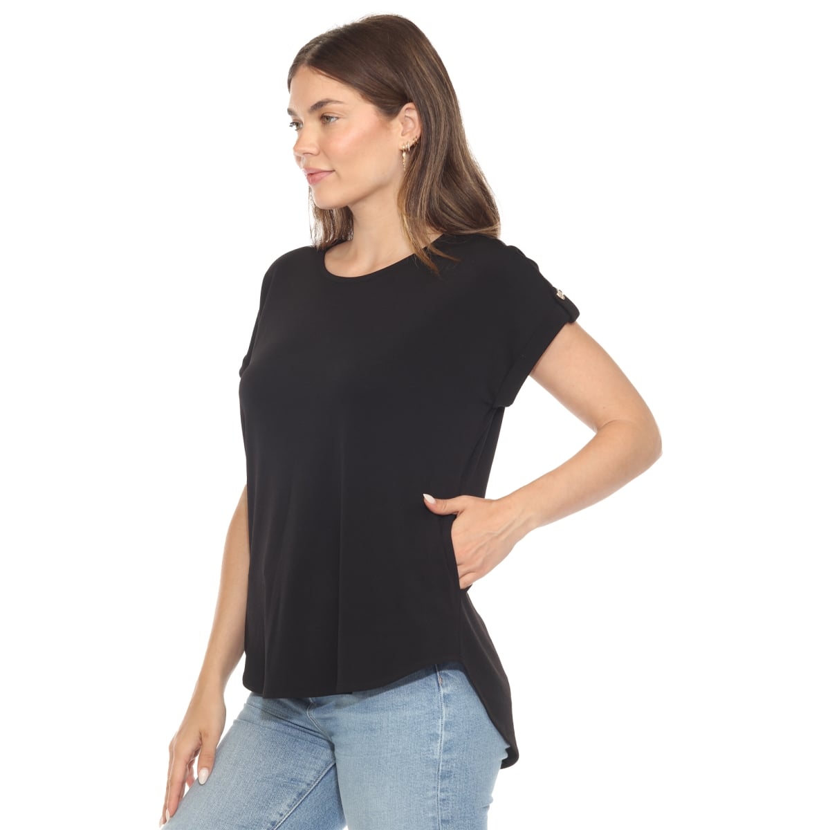 1239-01-S Womens Folded Short Sleeve Solid Top, Black - Small