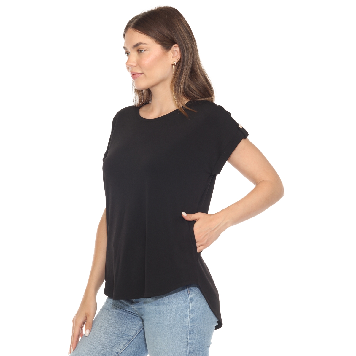 1239-01-M Womens Folded Short Sleeve Solid Top, Black - Medium