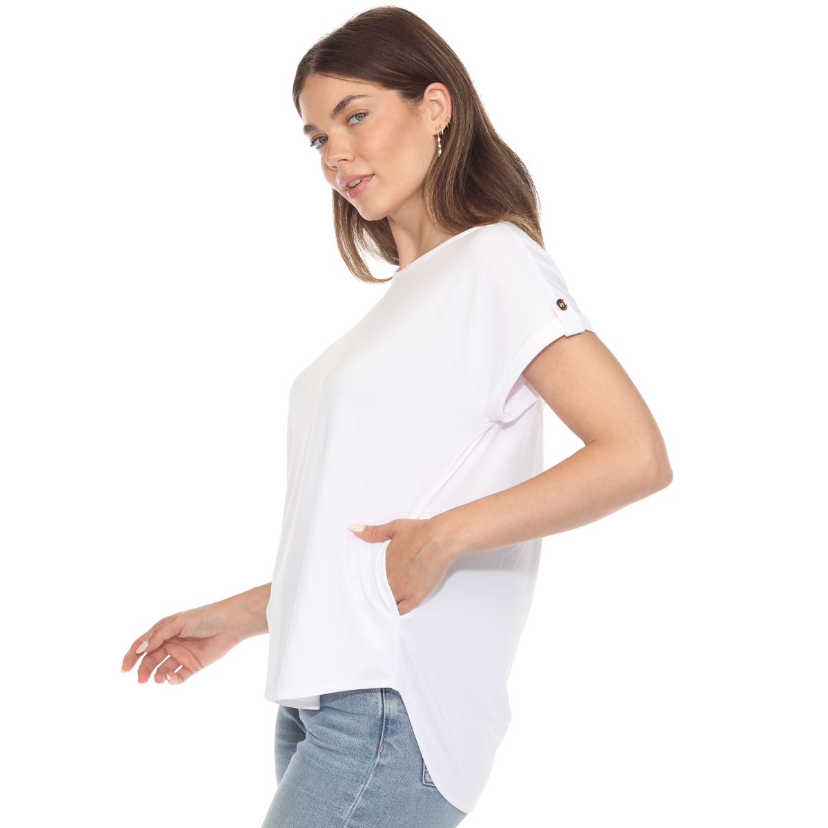 1239-03-M Womens Folded Short Sleeve Solid Top, Snow White - Medium