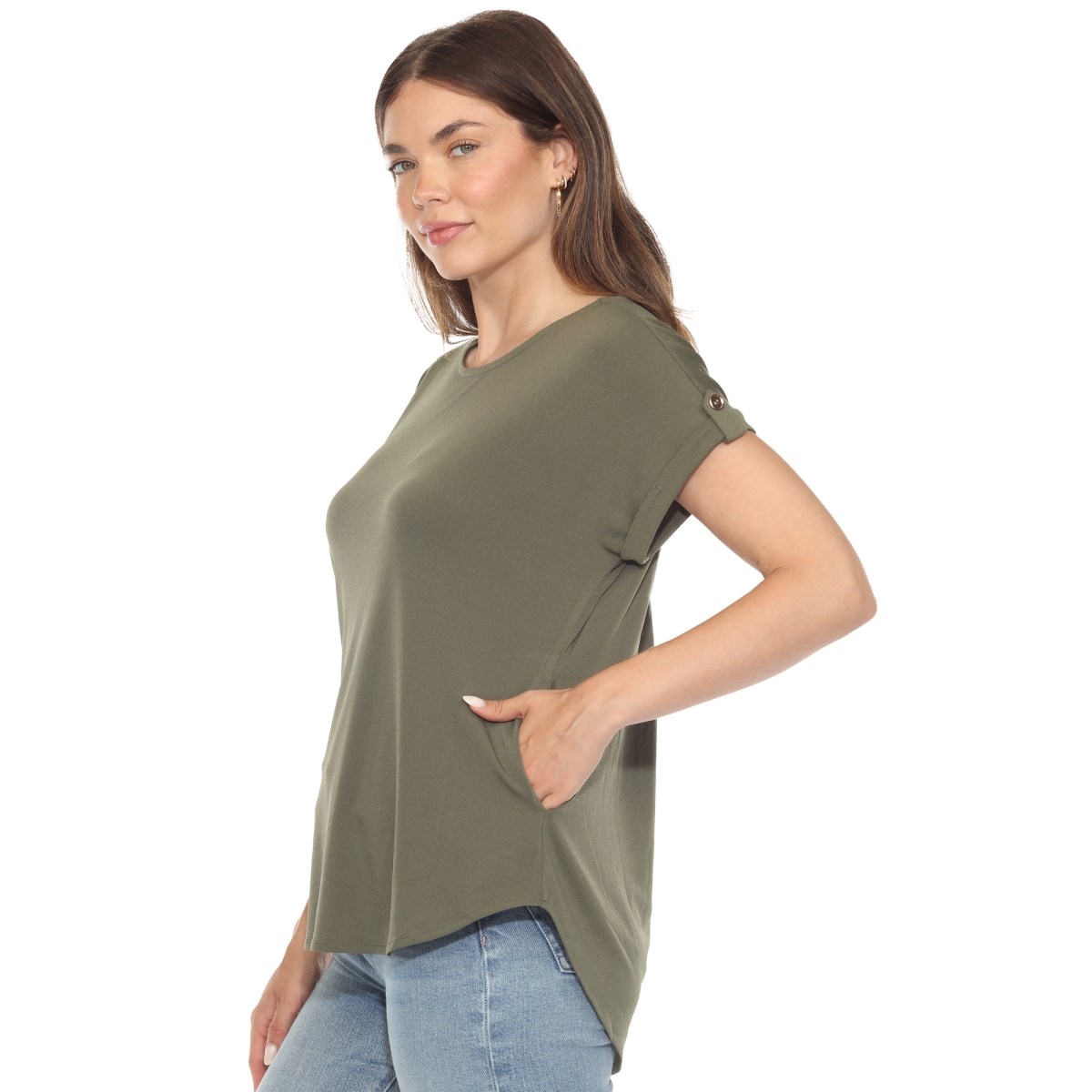 1239-06-M Womens Folded Short Sleeve Solid Top, Olive - Medium