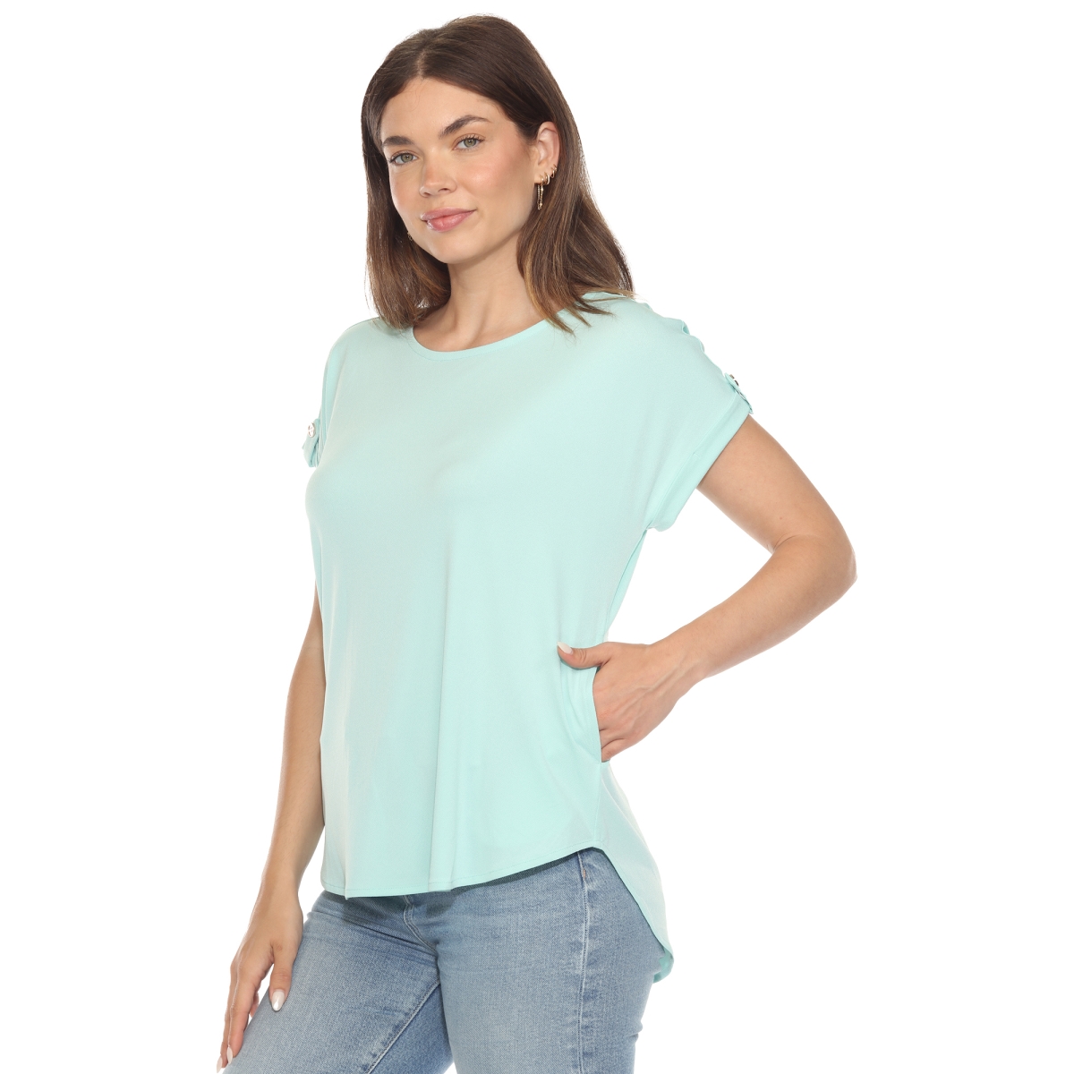 1239-13-M Womens Folded Short Sleeve Solid Top, Turquoise - Medium