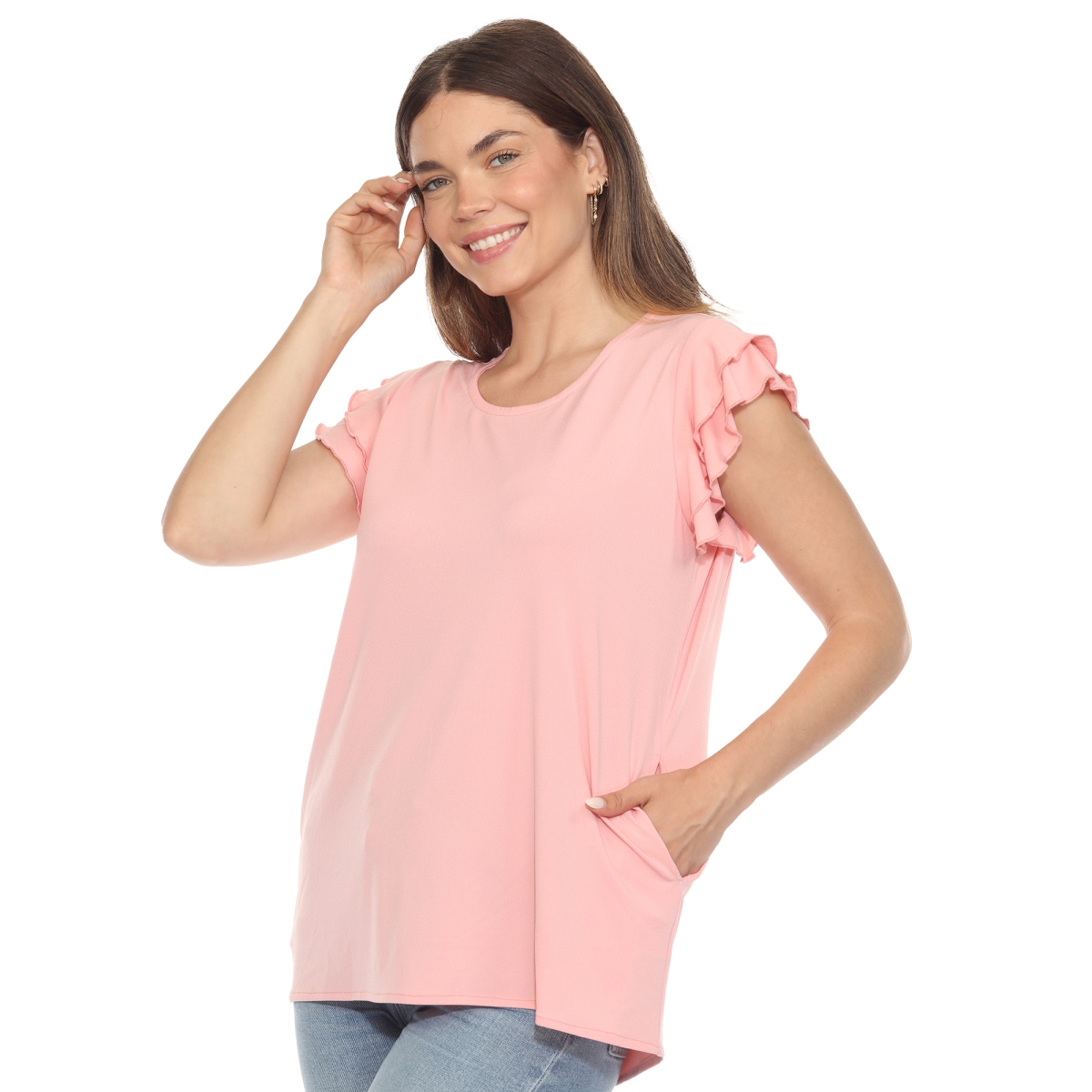 1235-12-M Womens Ruffle Sleeve Solid Top, Pink - Medium