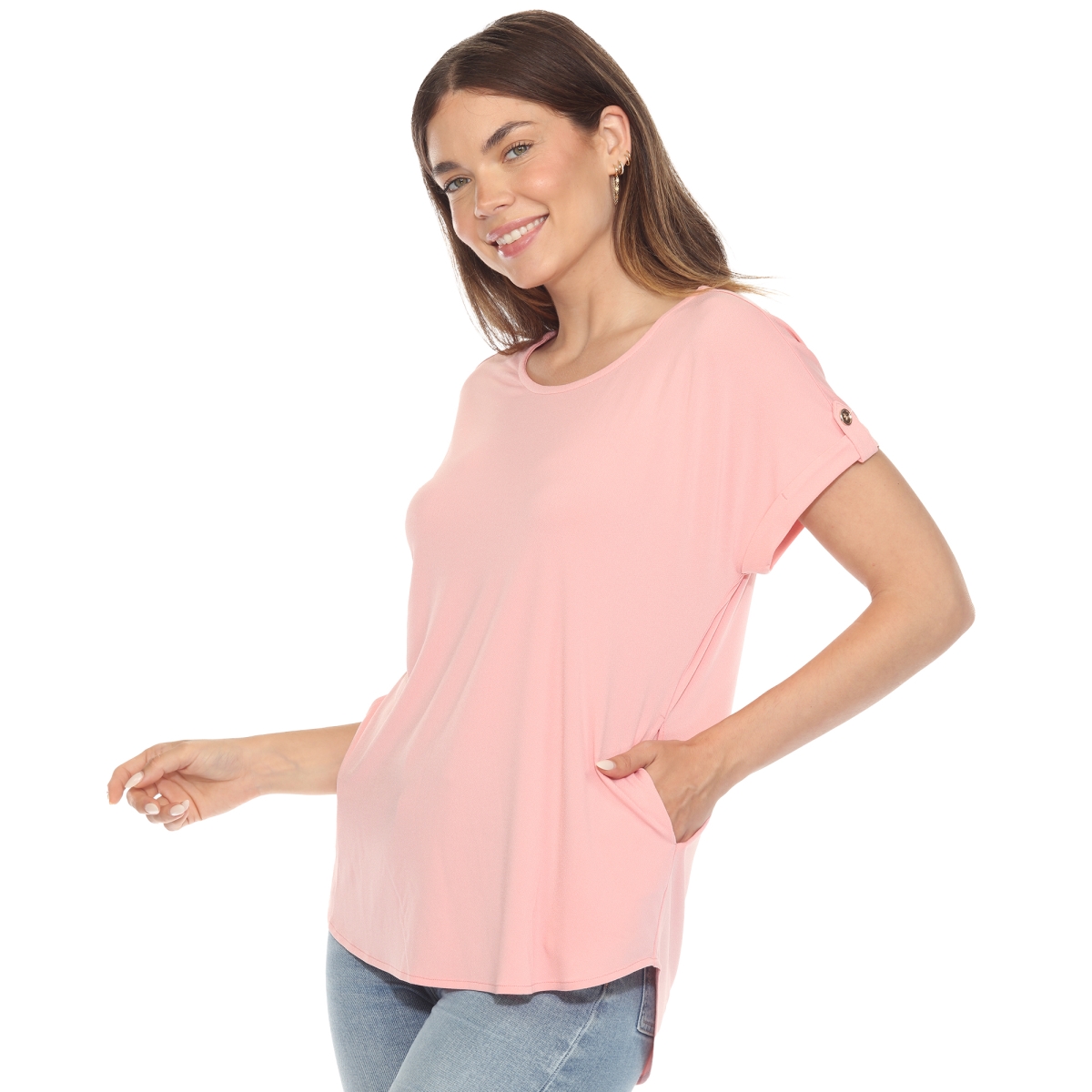 1239-12-S Womens Folded Short Sleeve Solid Top, Pink - Small