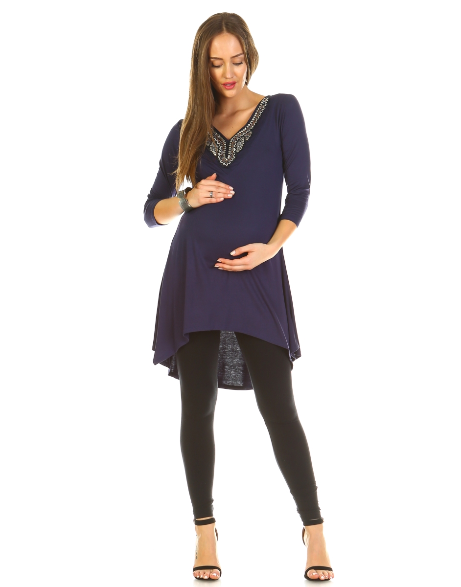 Picture of White Mark MTR1290-01-S Maternity Sofia Embellished Tunic Top&#44; Navy - Small