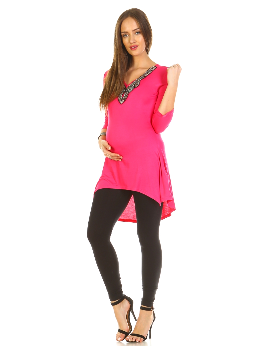 Picture of White Mark MTR1290-03-S Maternity Sofia Embellished Tunic Top&#44; Fuchsia - Small