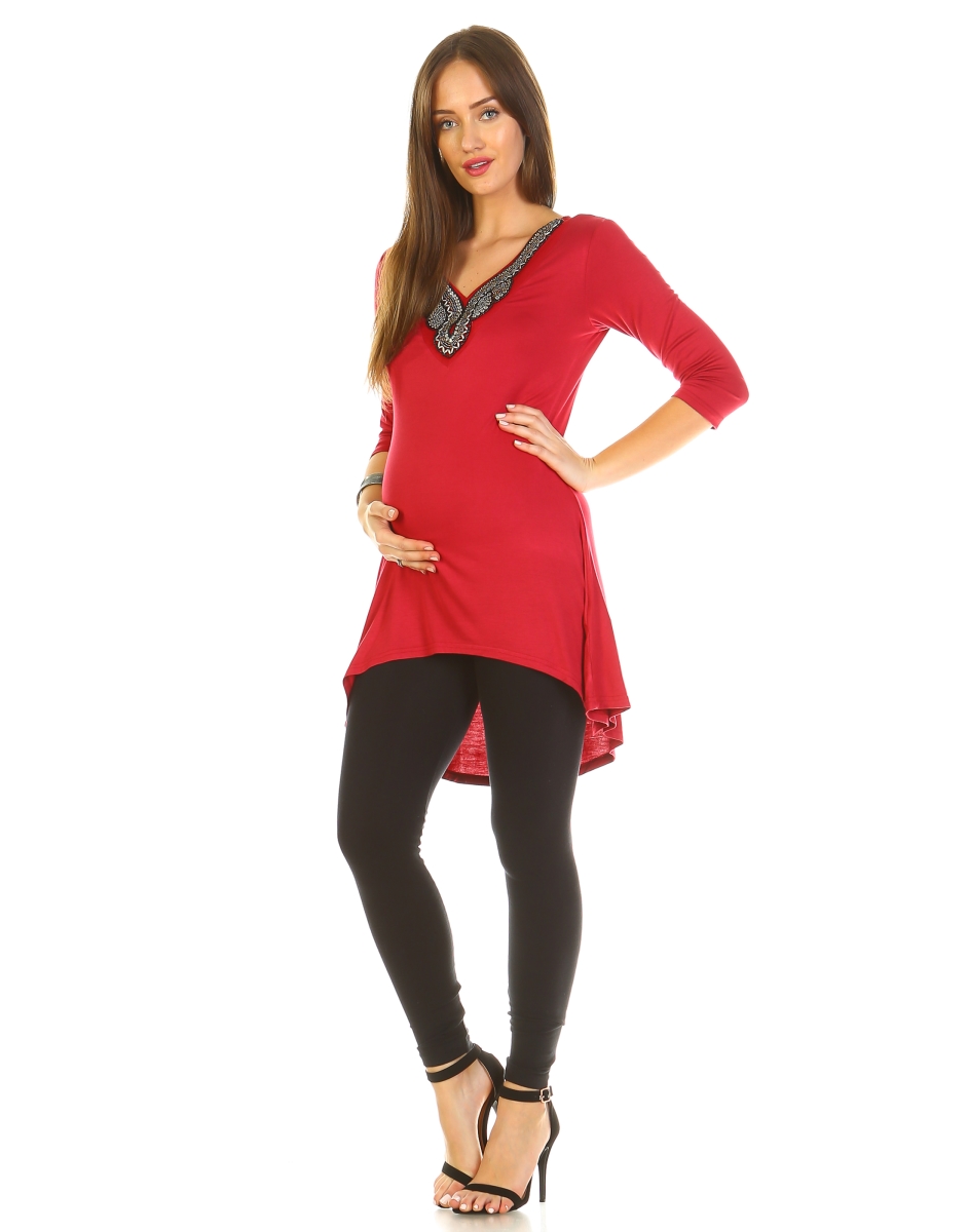 Picture of White Mark MTR1290-05-S Maternity Sofia Embellished Tunic Top&#44; Brick Red - Small