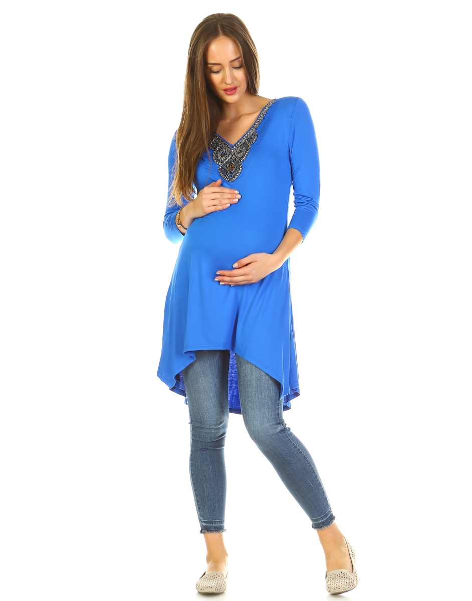 Picture of White Mark MTR1291-04-S Maternity Calla Embellished Tunic Top&#44; Royal - Small