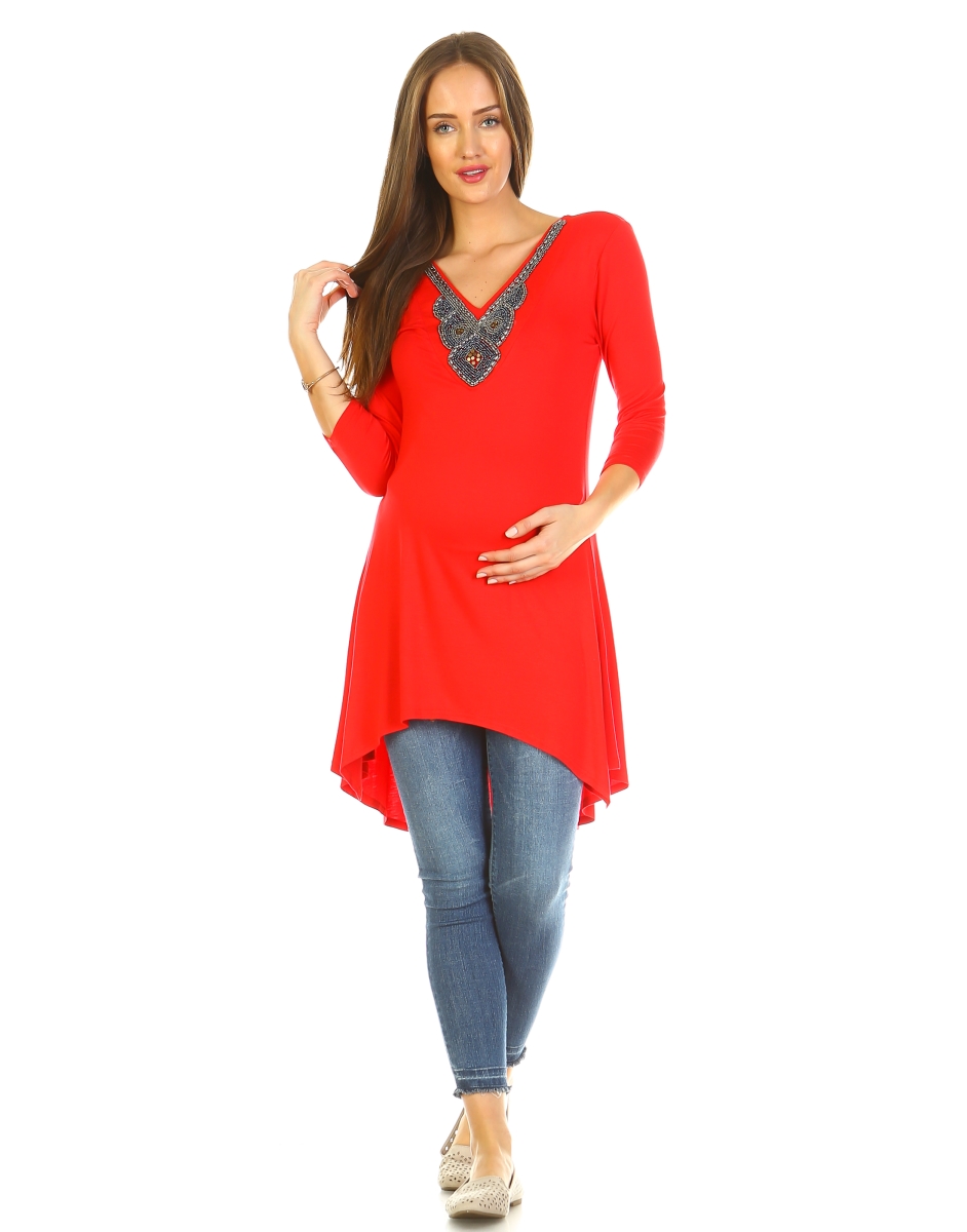 Picture of White Mark MTR1291-07-S Maternity Calla Embellished Tunic Top&#44; Red - Small