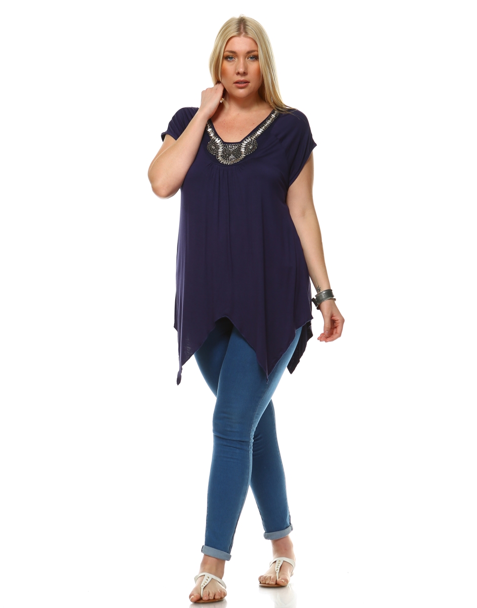 Picture of White Mark PS1288-07-1XL Plus Size Grace Embellished Tunic Top&#44; Navy - 1XL