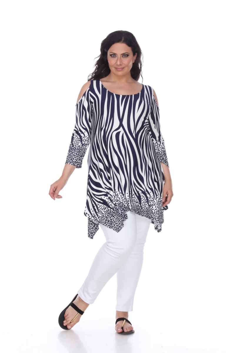 Picture of White Mark PS1305-02-1XL Womens Plus Size Antonia Cut-Out Shoulder Tunic Top&#44; Navy & White - 1XL