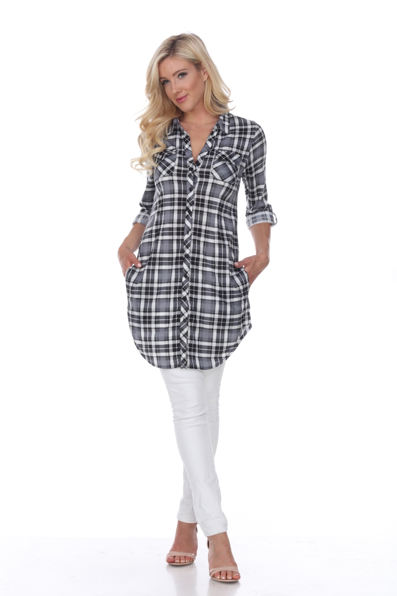 17556-02-S Piper Stretchy Plaid Tunic, 02 - White & Black - Small