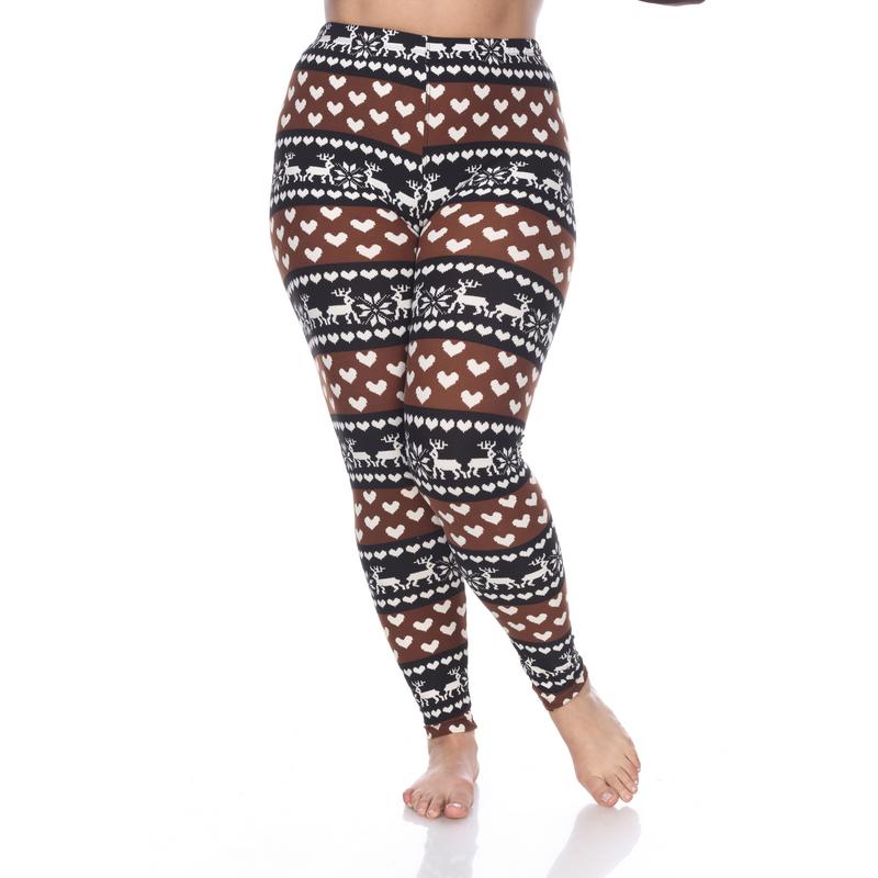 Picture of White Mark PS210-183 Plus Printed Leggings&#44; Brown & White - One Size