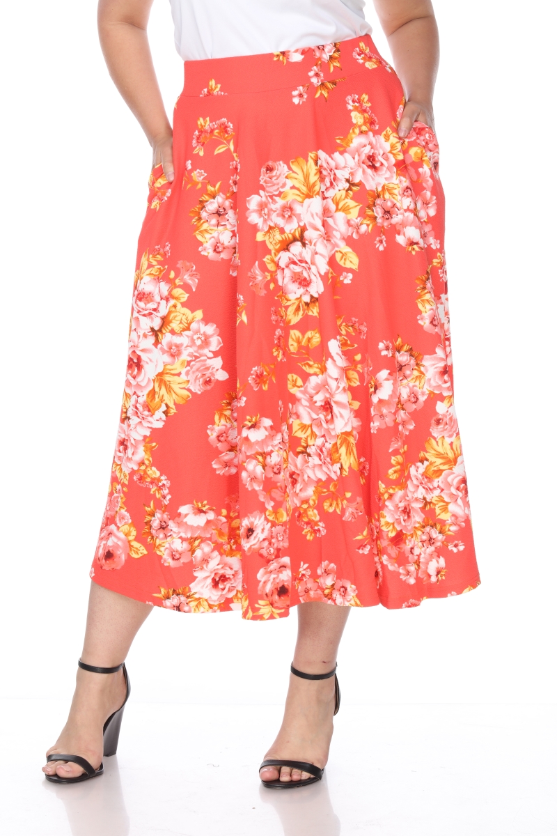 PS709-187-3XL Plus Floral Print Tasmin Flare Midi Skirts, Orange - 3XL