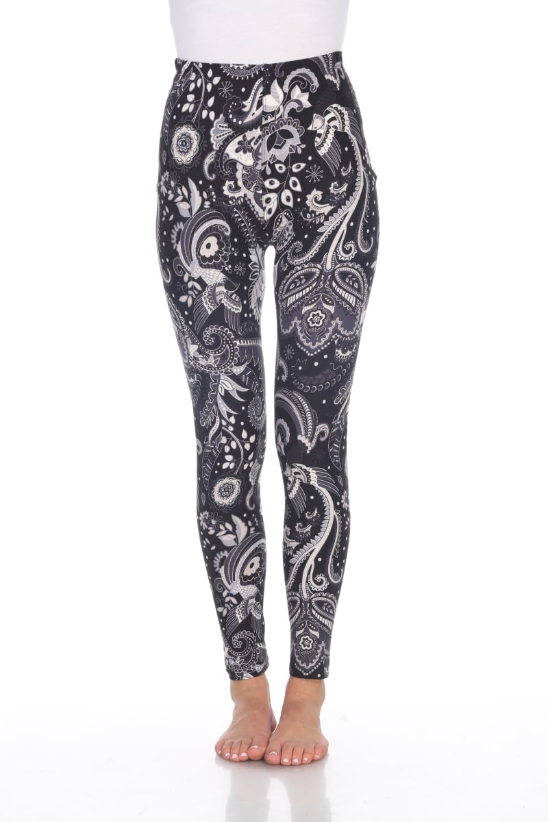 white mark 210-206 Womens Printed Leggings, Black & White Paisley - One Size Fits Most