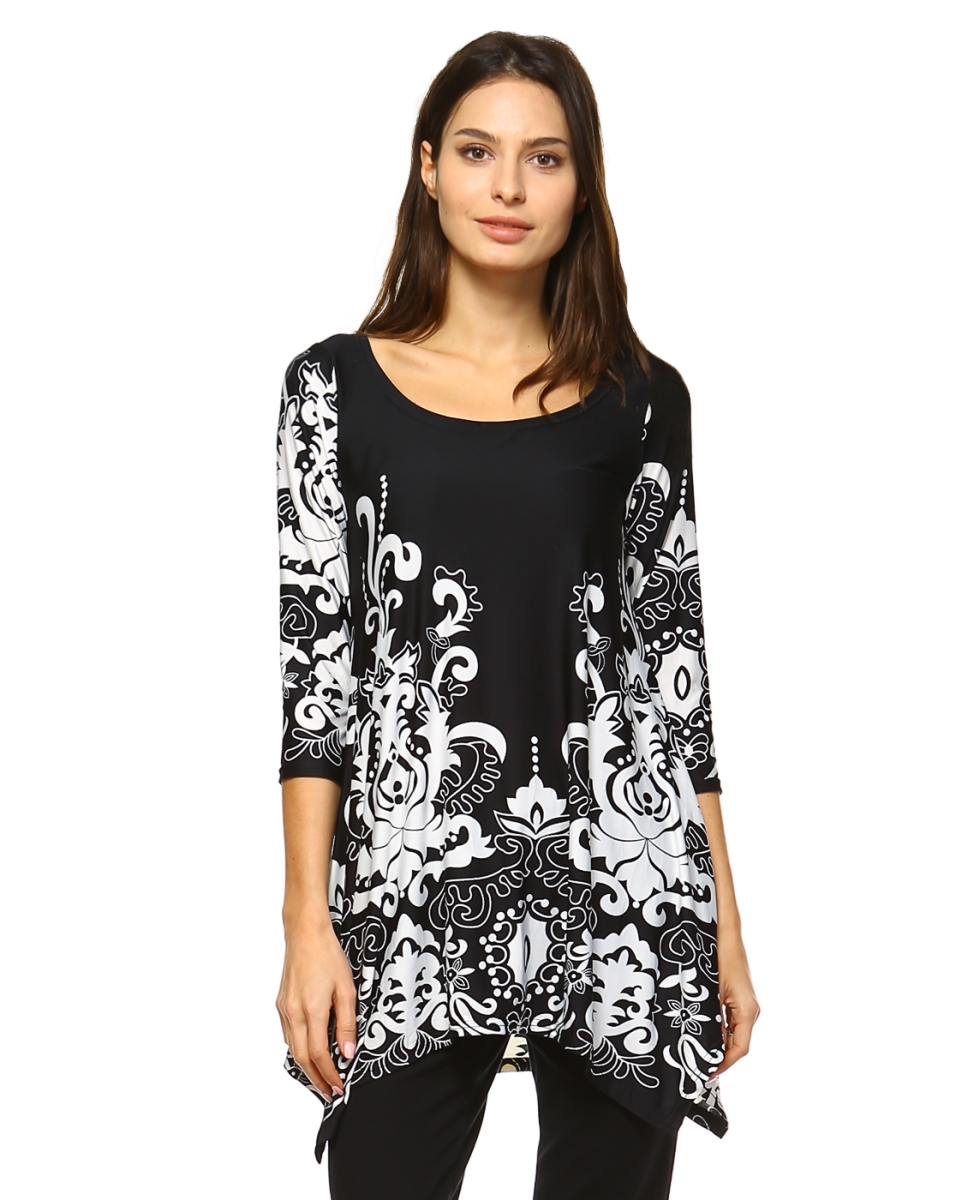 1301-08-M Yanette Tunic Top - Black & White - Medium - Flattering Floral Print