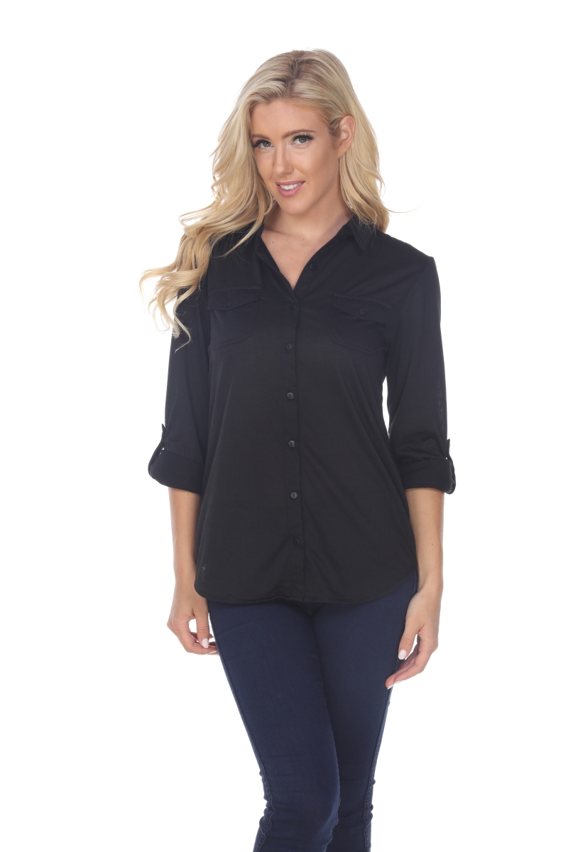 17585-01-XL Womens Skylar Stretchy Button-Down Top, Black - Extra Large