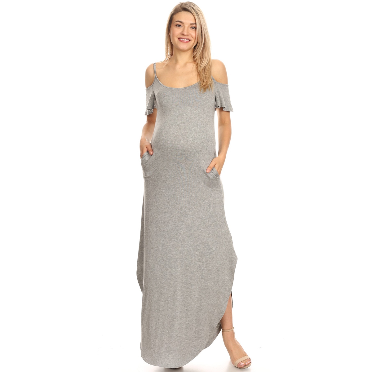 MTR3101-10-L Maternity Reta Maxi Dress, Heather Grey - Large