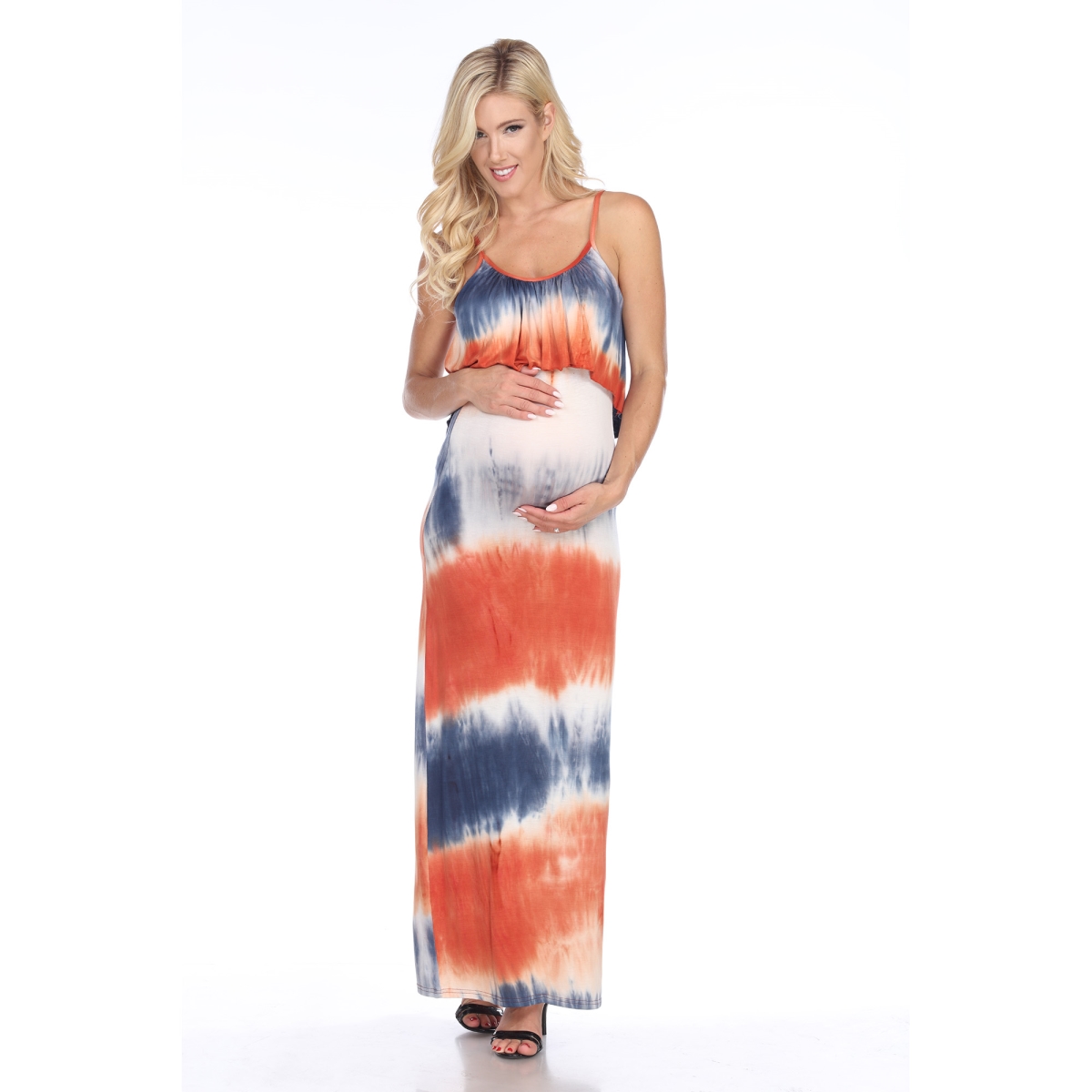 MTR308TD-04-M Maternity Malea Maxi Dress, Orange & Navy - Medium
