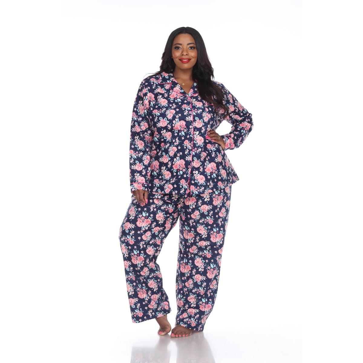 PS3618-09-1XL Navy Pink Plus Flannel Pajama Set - 1X