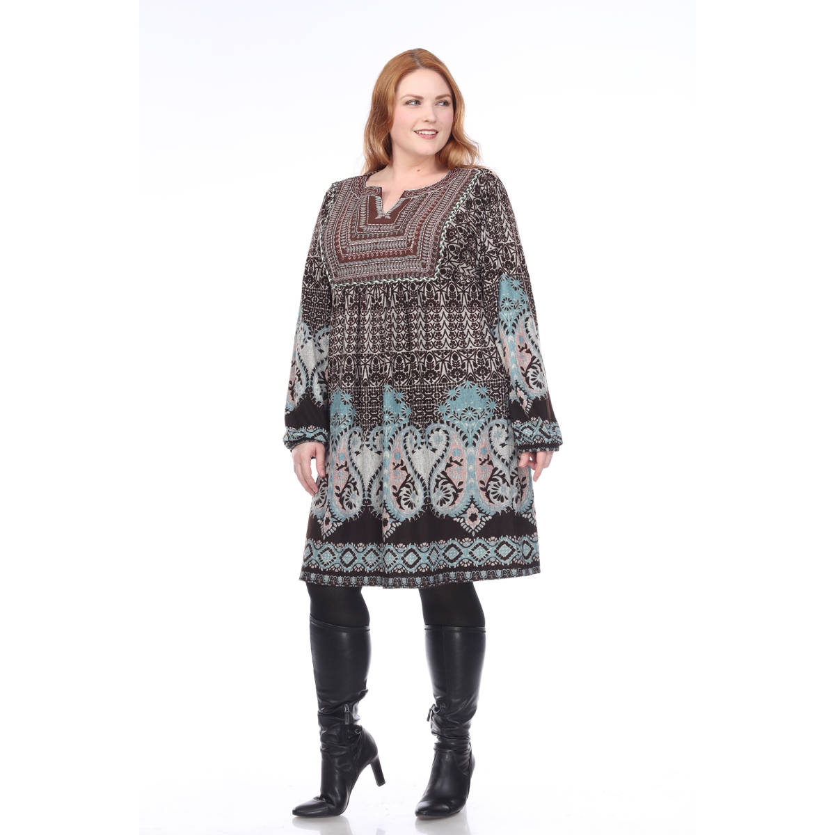 PS6370-01-3XL Plus Size Phebe Embroidered Sweater Dress, Brown - 3X